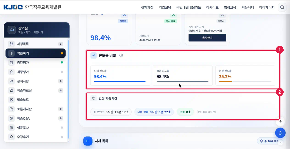 진도율 비교와 인정 학습시간